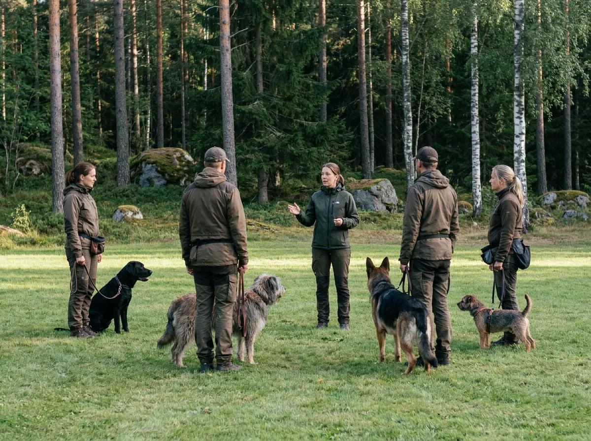 Hundägare och deras hundar på en kurs utomhus tillsammans med en instruktör