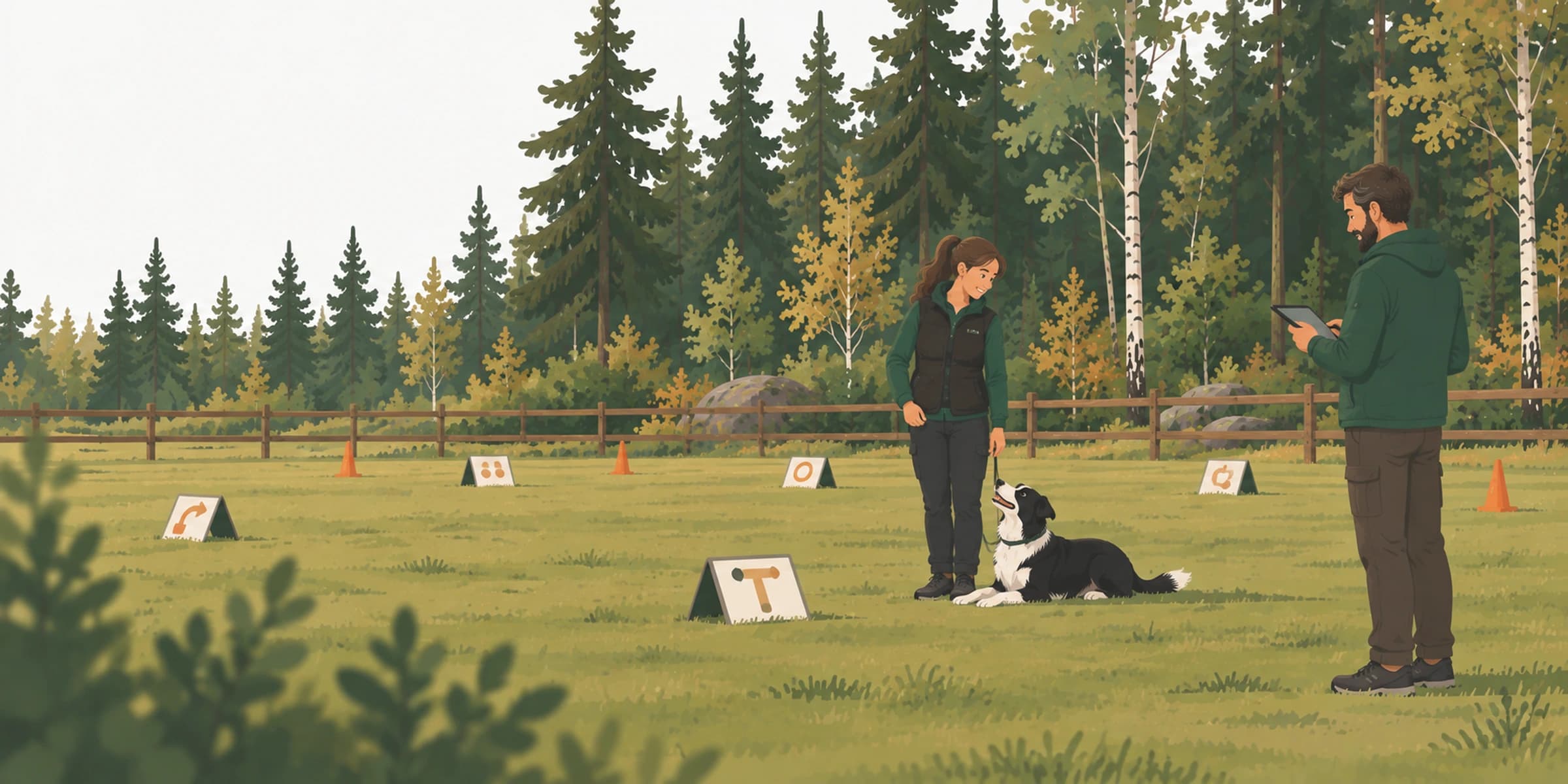 A handler with a border collie on a rally obedience course, and a trainer taking notes on a tablet